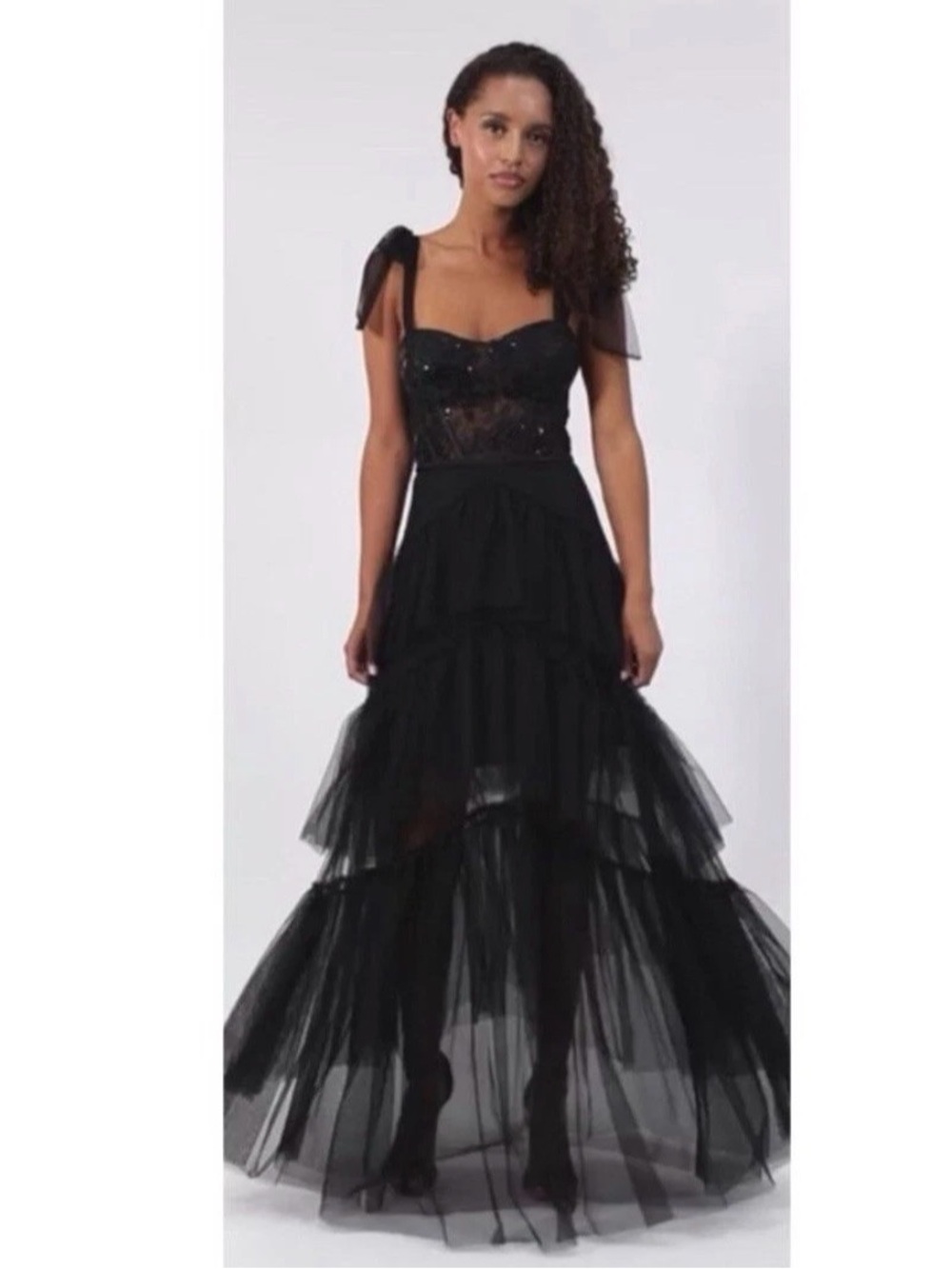 Women Juniors CITY STUDIO Black Ruffle Tiered Tulle Sequin Lace Gown Size 3/4